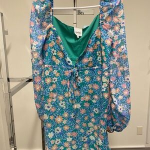 Floral Green Dress with Puff Sleeves